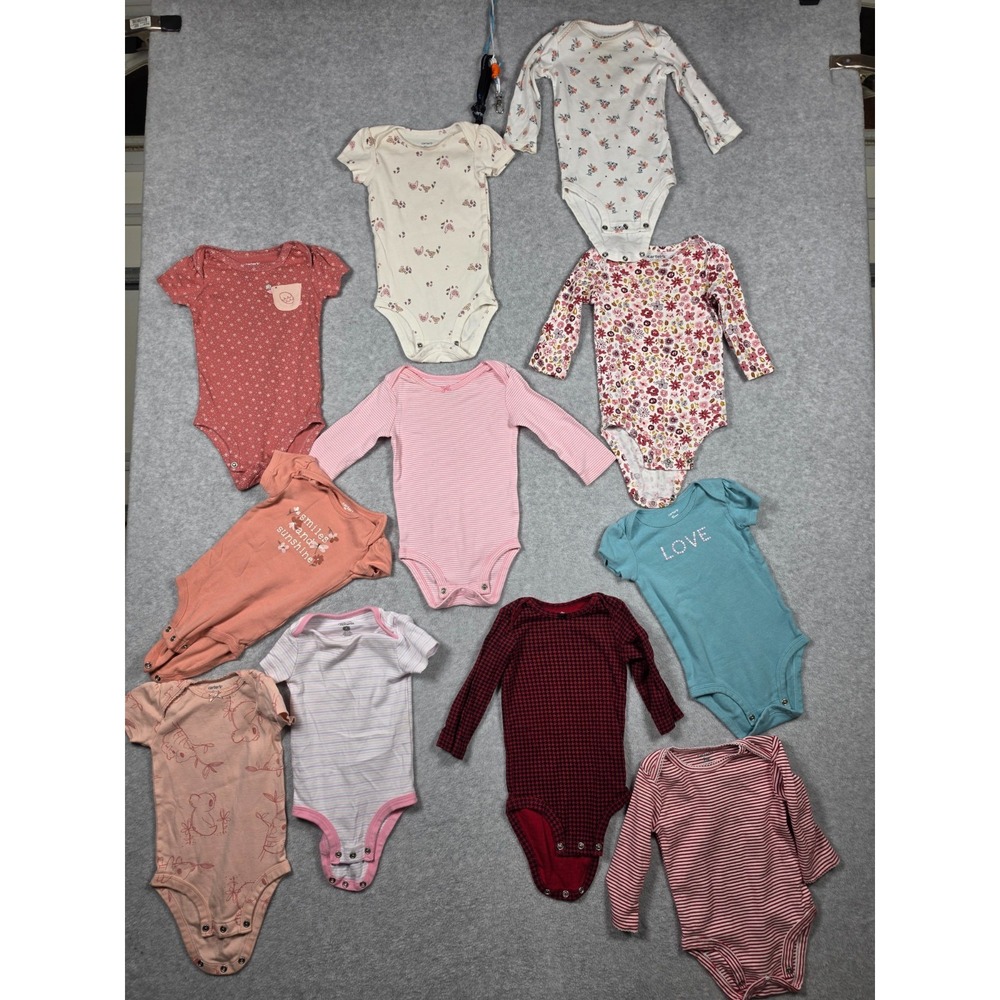 Lot of 11 Baby Girl Clothes One Piece Tops Size 9 Months Carters LS and SS Cotto
